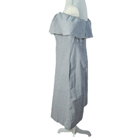 Banana Republic Seersucker Off Shoulder White Grey Striped Ruffle Dress Size 8 - Picture 3 of 8